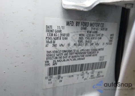 2012 Lincoln Mkx from USA, damaged, VIN 2LMDJ8JK7CBL08945